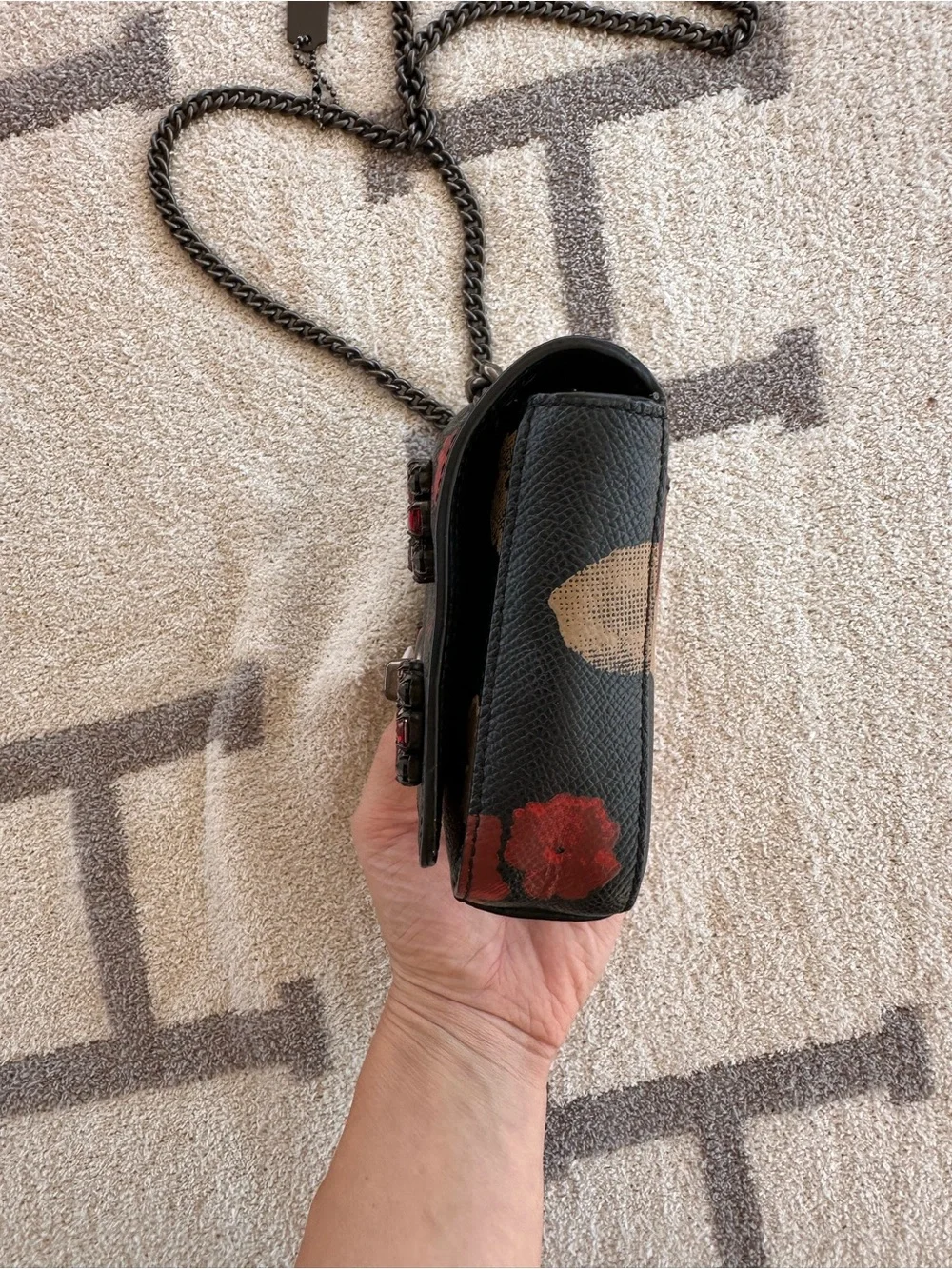 Coach Black Floral Mini Crossbody with Red Jewel Accents